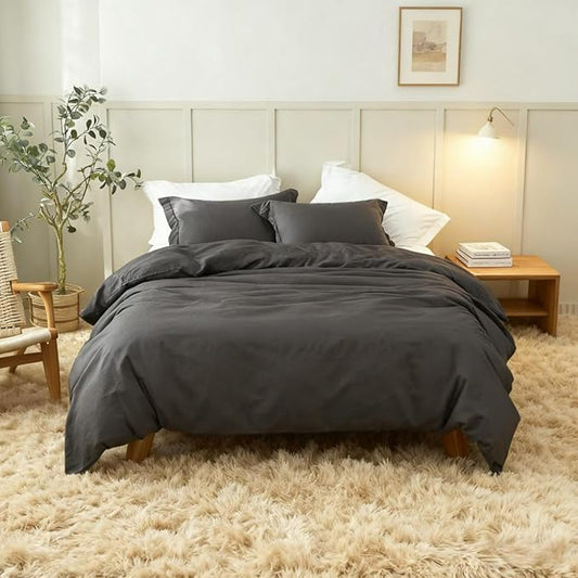 Simple&Opulence French Linen Duvet Cover Set 104"x 92"- 3 Pieces (1 Comforter Cover,2 Pillowcases)-Natural Flax Cotton Blend-Solid Color Breathable Farmhouse Bedding-Charcoal Grey, King