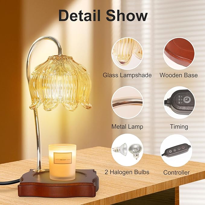 Candle Warmer Lamp Dimmable Wax Melt Warming Lamp with Timer Scented Wax Candle in Jar During Bathing & Yoga & Meditation with 2 Bulbs Home Decor Gift for Female (Blooming Flowers)
