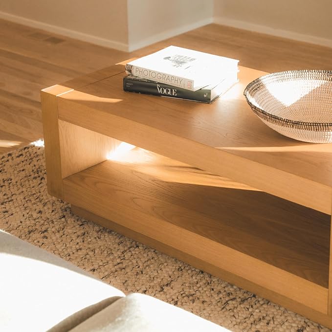 Maven Lane Artemis Coffee Table – 18 Inch Rectangle Table with Storage – Natural Solid Wood – Ideal for Living Room and Lounge