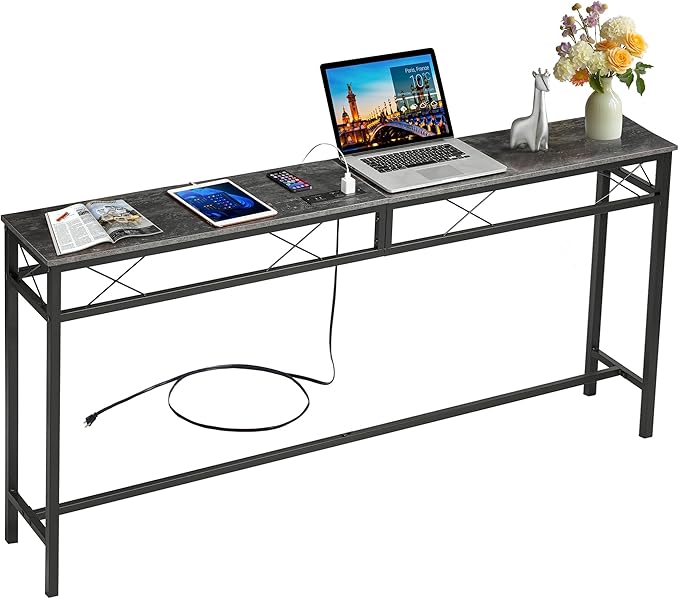 VECELO 71In Extra Long Narrow Sofa/Console Table with Charging Station & Power Outlet and USB Ports, for Entryway, Living Room, Office, Industrial, Dark Grey