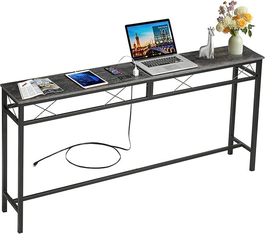 VECELO 71In Extra Long Narrow Sofa/Console Table with Charging Station & Power Outlet and USB Ports, for Entryway, Living Room, Office, Industrial, Dark Grey