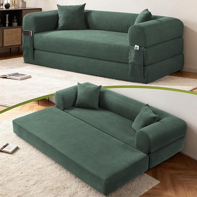 Convertible Folding Sofa Bed,80" Pull Out Couch with Pillows & Storage Pocket,Modular Futon Bed Corduroy Queen Sleeper Sofa in a Box,Compression Boneless Couch for Living Room,Light Green