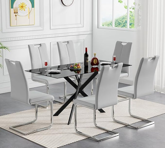 Goujxcy Modern Glass Dining Table Set for 6, Black Glass Kitchen Table and Chairs Set, 7 Piece Dining Room Table Set with 51" Rectangle Dinner Table and 6 Grey Leather Dining Chairs