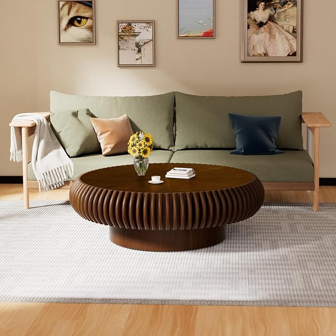 Round Fluted Coffee Table Modern Handcraft Drum Coffee Table with Sturdy Pedestal 39.37" Farmhouse Center Table Tea Table for Living Room, Reception Room, Entertainment Room (Walnut 39.37")