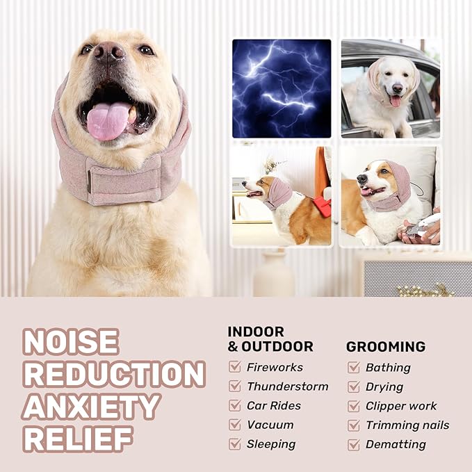 Dog Calming Hoodie, No Shake Ear Wraps for Dogs, Adjustable Dog Ear Muffs for Noise Protection, Ear Wrap Head Cover for Anxiety Relief & Hematoma (Dusty Rose, L(Head Circle:17.7"-23.6"))