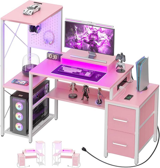 Small Gaming Desk with 2 Fabric Drawers - Reversible Computer Desk with Power Outlet & LED Lights, 49" Office Desk with Monitor Stand & Storage Shelves, Writing Study Table with Pegboard, Pink