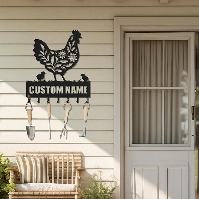 Personalized Key Holder for Wall, Custom Metal Chicken Key Hooks with Name, Meta Jacket Holder Hooks Organizer Rack, Jacket Hanger Decor for Kitchen, Entryway, Hallway, Office, Doorway