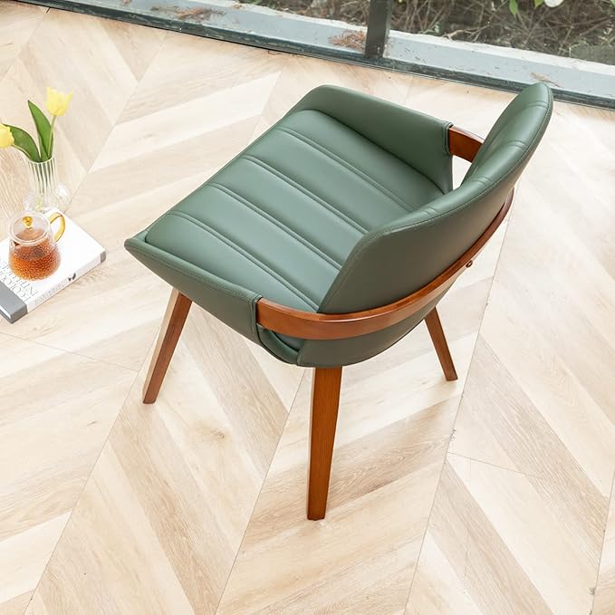 Mid Century Modern Faux Leather Upholstered Dining Chairs Set of 2,Armless Accent Chairs with Sturdy Natural Wood Legs,Bamboo Backrest Support for Kitchen&Dining Room Chairs(Green PU)