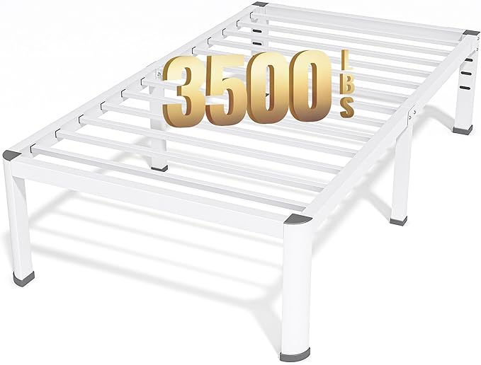 18 Inch Twin Size Metal Bed Frame with Round Corners, Storage Space Under High Bed Frame-Heavy Duty Steel Slats Support, Noise Free - Easy Assembly - No Box Spring Needed,White