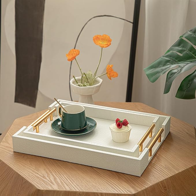 2 Piece Woven Leather Ottoman Tray with Gold Handles, Perfect Rectangular Serving Tray for Living Room, Coffee Table Tray as Thoughtful Gift for Home Decor Enthusiasts (White)
