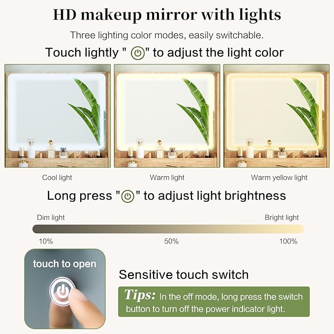 Large Vanity Desk with 3 Color Touch Screen Dimming Mirror, Vanity Desk with Charging Station, Modern Retractable Makeup Dressing Table, Makeup Table With storage shelves and 5 Sliding Drawers, Oak