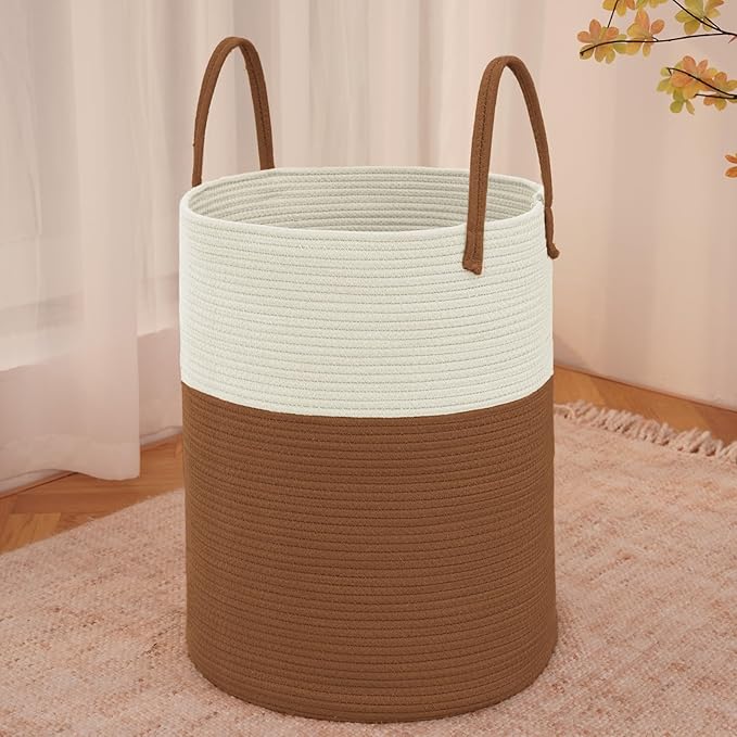 Large Woven Laundry Basket Hamper,80L Cotton Rope Storage Bin for Blankets,Toys and Clothes,Decorative Tall Nursery Hamper for Living Room,Baby Nursery,Bathroom and Bedroom,White and Brown