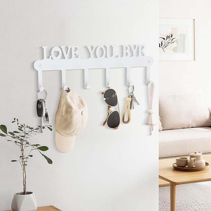 Key Holder for Wall - 'Love You Bye' Key Hooks,Key Holder Wall Mount Self Adhesive, Key Rack Wall Mount for Wall No Drill for Living Room, Kitchen, Bathroom, Garage (White, 6 Hooks)