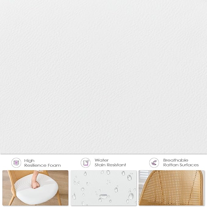 TYBOATLE Rattan Dinner Chairs Set of 2 with Faux Leather Cushion, Modern Dining Room Chairs w/Adjustable Foot Pads, Kitchen Boho Mid Century Upholstered, White