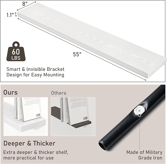 Fun Memories 55 Inch Long Floating Shelves for Wall, 8" Deep Floating Shelves for Bathroom Living Room Bedroom, Rustic Wall Mounted Shelf with Invisible Heavy-Duty Bracket, Set of 2, White