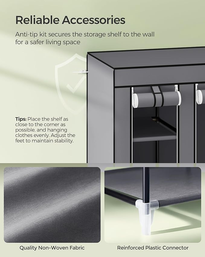 SONGMICS Closet Wardrobe, Portable Closet for Bedroom, Clothes Rail with Non-Woven Fabric Cover, Clothes Storage Organizer, 59 x 17.7 x 69 Inches, 12 Compartments, Gray ULSF03G