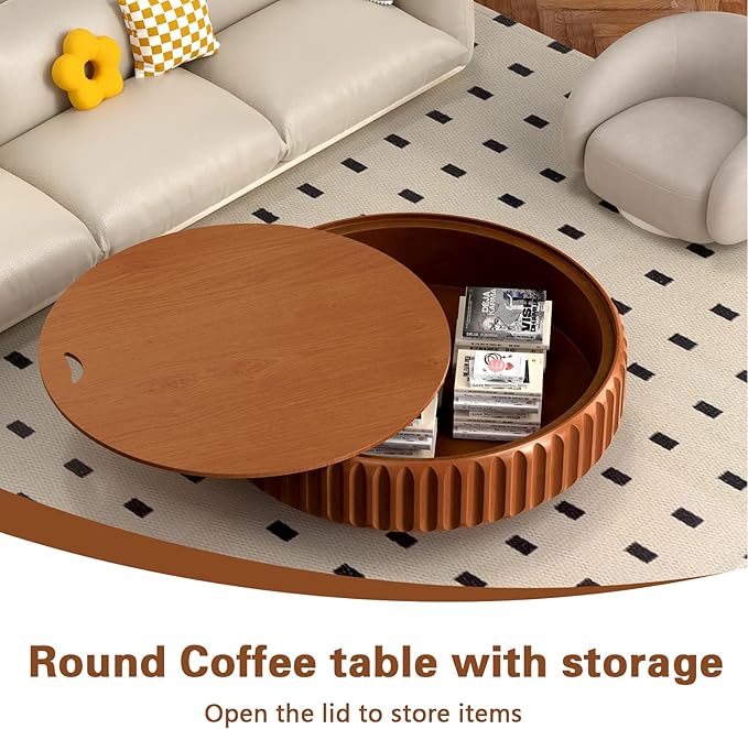 31.5" Drum Coffee Table with Storage Modern Unique Fluted Tea Table Contemporary Wood Round Coffee Table Center Table for Living Room Apartment (brown-31.5in)