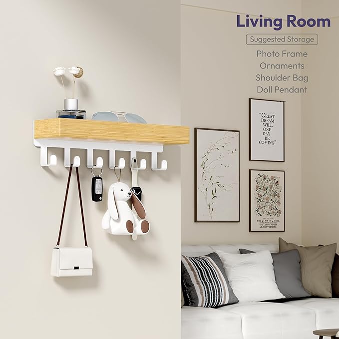 SWTYMIKI Key Holder Wall Mount-Wooden Key Hooks for Wall with Mail Organizer & 6Hooks, 2Installation Ways Key Hanger, Key Rack with Shelf for Entryway Living Room Bedroom Home Decor Wood White Hook