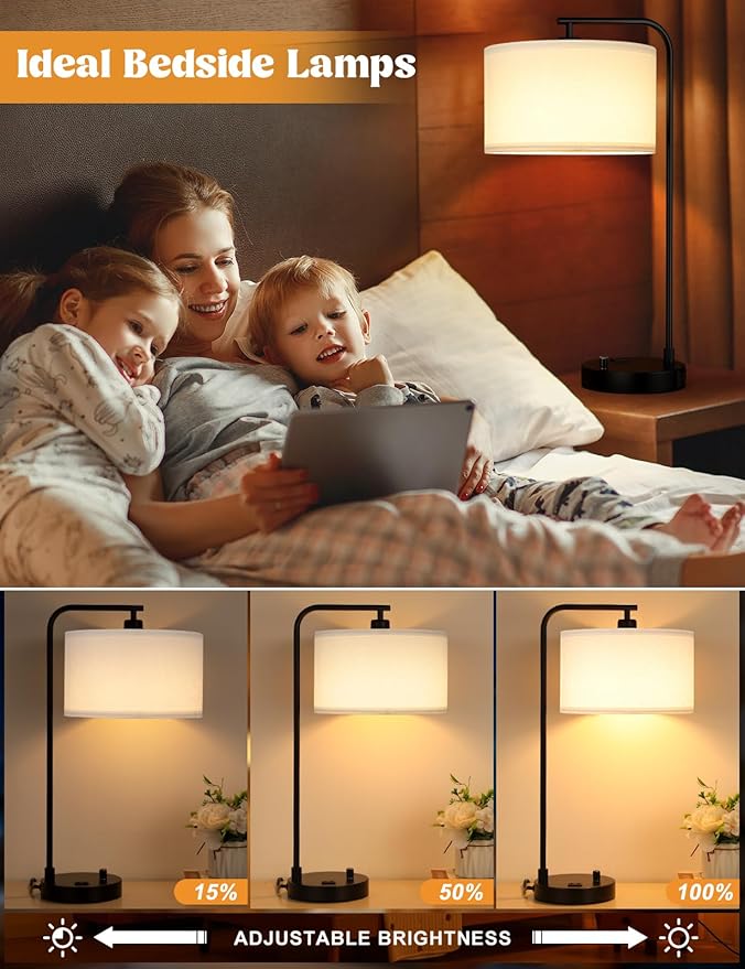 Innqoo White Side Table Lamp with USB Port and Outlet, Dimmable Nightstand Bedside Lamps with Linen Lampshade, Desk Lamp for Bedroom, Living Room, Guest Room, Home Office, LED Bulb Included