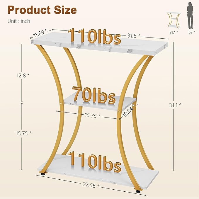 Hoctieon 3 Tier Console Table with Open Wood Shelves, Decorative Entryway Table with Curved Metal Frames, Narrow Sofa Table for Entrance, Living Room, Hallway, Gold and White Marbled