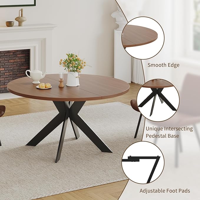 Walnut Round Dining Table Set for 4, Mid-Century Modern Kitchen Table and Chairs, Small Space Dining Room Furniture for Apartment, Breakfast Nook or Studio (Boxwood-1 Table + 4 Black Chairs)