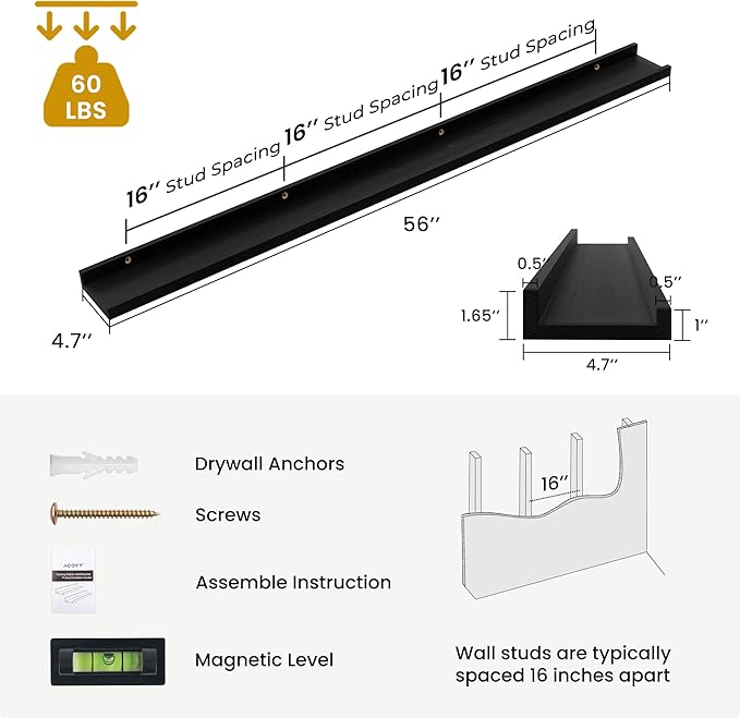 Solid Ash Wood Picture Ledge Shelf, Floating Shelves Set of 2, 56 Inch Long Large Ledge Shelves, Nursery Book Shelves Wall Mounted for Living Room Bedroom Kitchen Decor Kids Bookshelf, Black