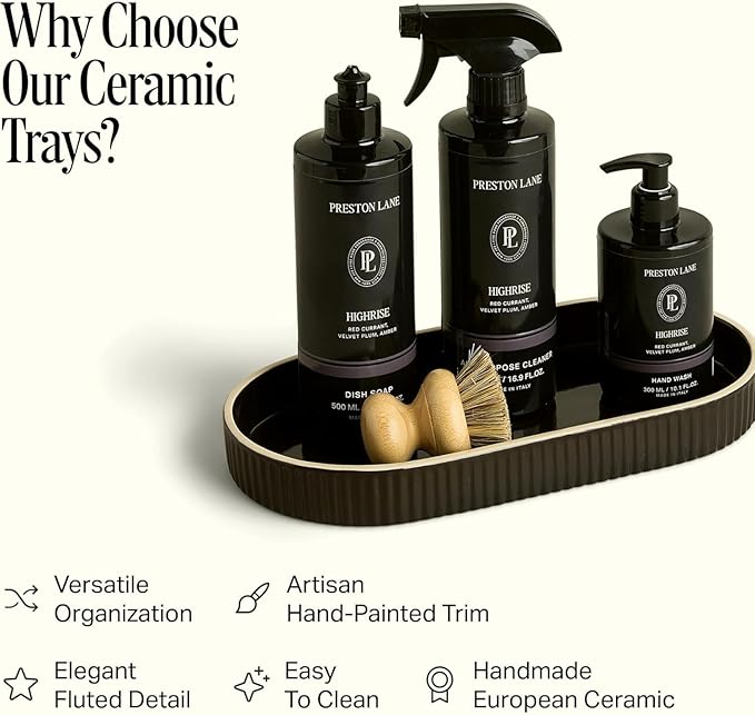 Preston Lane Signature Kitchen Ceramic Tray – Handmade in Portugal with Fluted Edges & Hand-Painted Trim – Decorative Organizer or Home Accent, Large, Ink