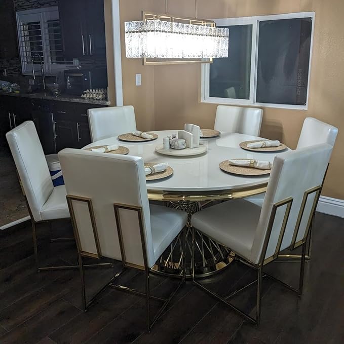 AUZ Dining Chairs Set of 8, White Faux Leather Dining Room Chairs with Gold Stainless Steel Sled Legs