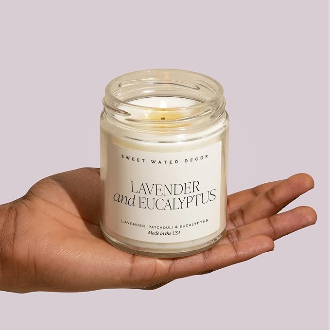 Sweet Water Decor Lavender and Eucalyptus Candle - Soy Patchouli, Eucalyptus and Lavender Candles for Home - Scented Spring Candles - 9oz Clear Jar, 40 Hour Burn Time, Made in The USA