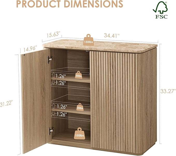 Fluted 2 Doors Sideboard Cabinet with Storage-Wooden Credenza w/Shelves, Faux Marble-Top Coffee Bar Console Table, Modern Buffet Cabinet for Dining, Kitchen, Living Room, Entryway, Natural Oak, 1pcs