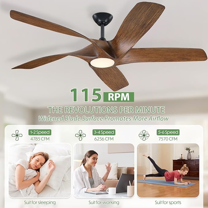 60 Inch Ceiling Fans with Lights and Remote,5 Blades Large Walnut Ceiling Fan, Outdoor Ceiling Fan with 6 Speeds,Reversible DC Motor, Timer for Living Room, Farmhouse, Patio(Dark Brown)