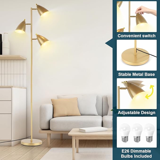 Tree Floor Lamp for Living Room, Industrial 3-Light Standing Lamp with 3 LED Bulbs, Adjustable Rotation Heads, Standing Tall Pole Lamp Farmhouse Rustic Reading Lamps for Bedroom Office (Gold)