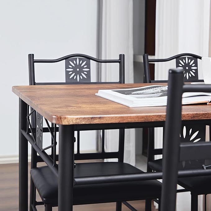 VECELO Kitchen Dining Room Table Sets for 4, 5 Piece Metal and Wood Rectangular Breakfast Nook, Dinette with Chairs, Retro Brown