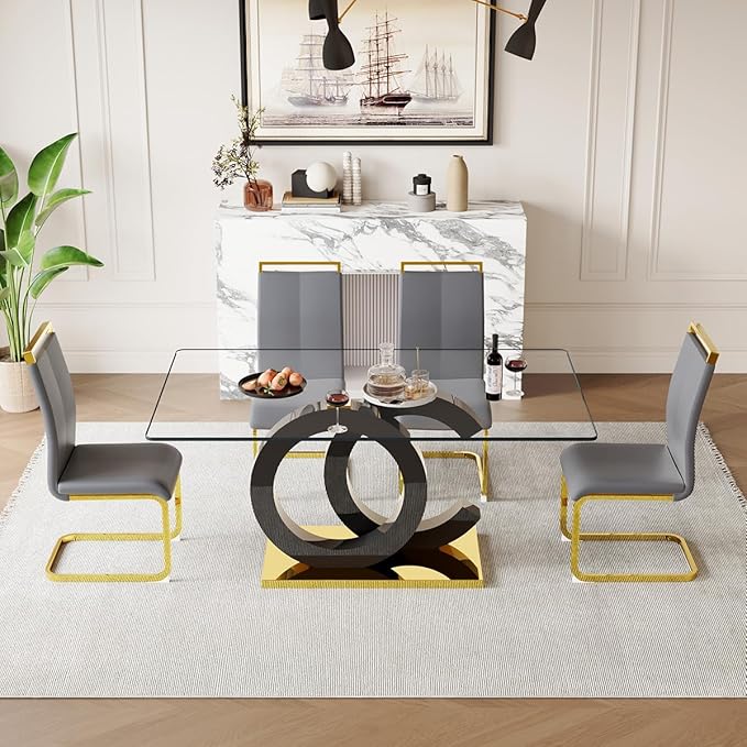 63'' Glass Dining Table Set for 4, Kitchen Table Chairs Set of 4, Clear Glass Dining Table with Black unique design Leg and Gold Metal Base, 4 PU Dining Chairs with Metal Legs, Living Room, Kitchen.