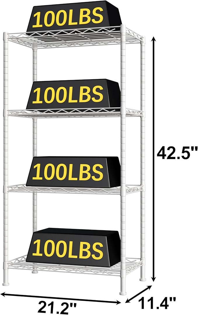 HOMEFORT 4-Shelving Unit, Adjustable Wire Shelving, Metal Wire Shelf Rack Organizer for Kitchen, Pantry, Closet, Bathroom, Laundry, White,21" W x 11" D x 41" H