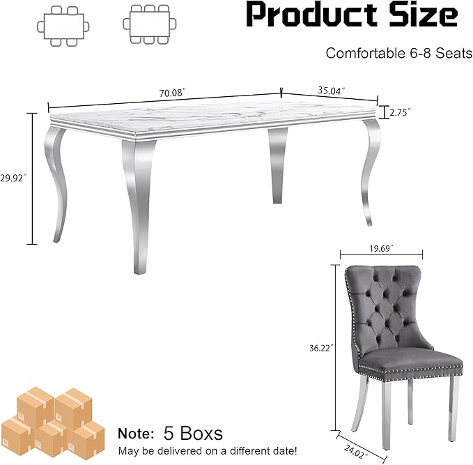 7-Piece Dining Table Set for 6, Faux Marble Dining Table Set with 70'' Marble Dinner Table and 6 Velvet Wing Back Chairs for Kitchen, Dining Room, Gray & Silver