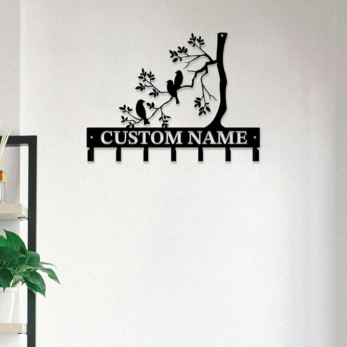 Personalized Custom Name Birds of Trees Wall Key Hooks,Metal Birds of Trees Art Clothes Hooks,Metal Birds of Trees Wall Home Storage Decorative,For Front Door, Hallway, Kitchen, Bedroom(Style G)