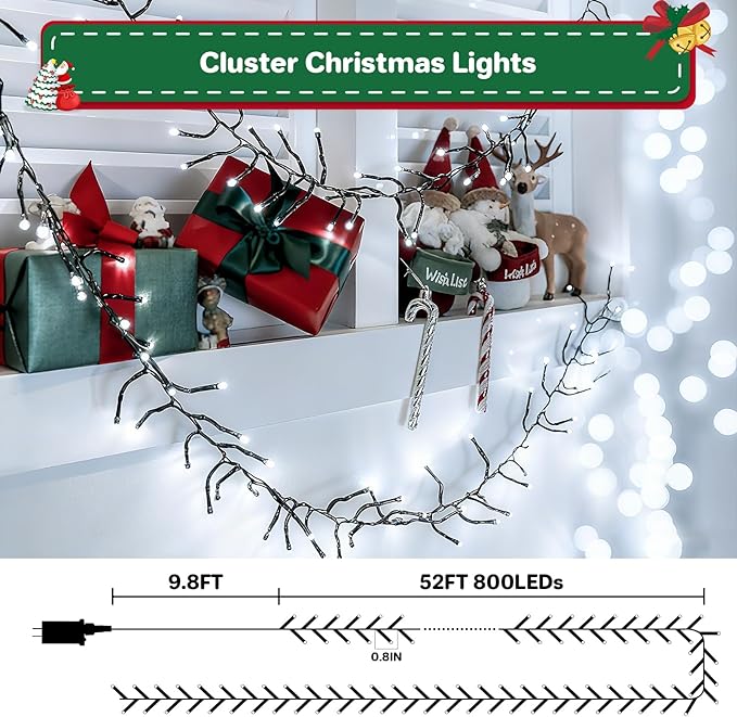 Christmas Cluster Lights Plug-in -52FT 800 LED Firecrackers String Lights,8 Modes Timer Waterproof Twinkle Fairy Lights for Christmas Tree Garland Party (Cool White)