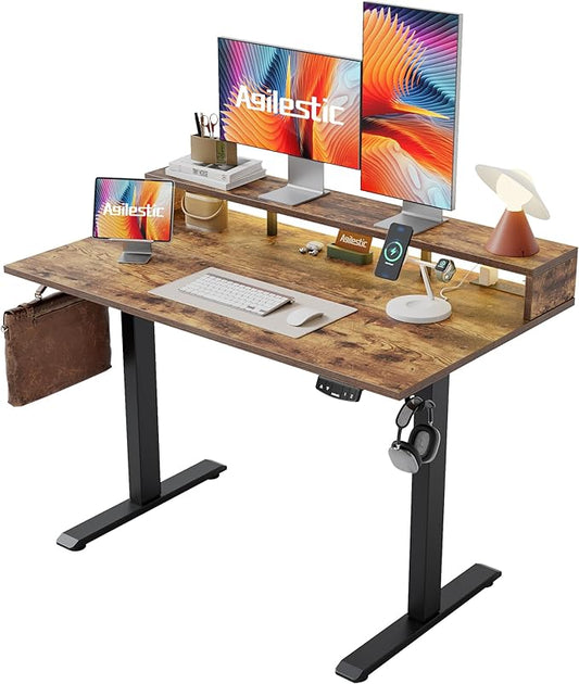 Electric Height Adjustable Standing Desk with Power Outlet and LED Light Strip, Sit to Stand, Ergonomic 48x24" Rising Desk with Memory Presets, Home Office Workstation, Computer Gaming Table, Brown