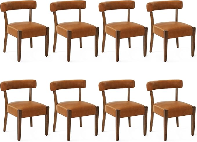 Faux Leather Dining Chairs Set of 8 Upholstered Kitchen & Dining Room Wooden Chairs Mid Century Modern Dining Chairs Low Back, Brown