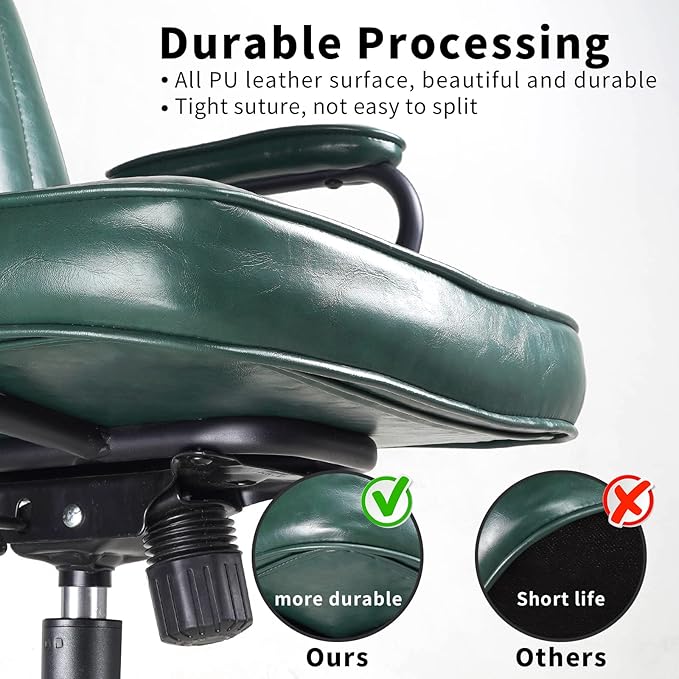 Artswish Mid Century Office Desk Chair - Green Leather Home Office Chair with Wheels and Arms