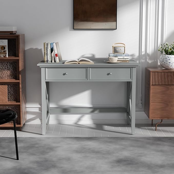 Computer Desk with 2 Drawers, Elegant Home Office Writing Study Desk with Storage, Modern Simple Vanity Desk Console Table for Living Room, Grey