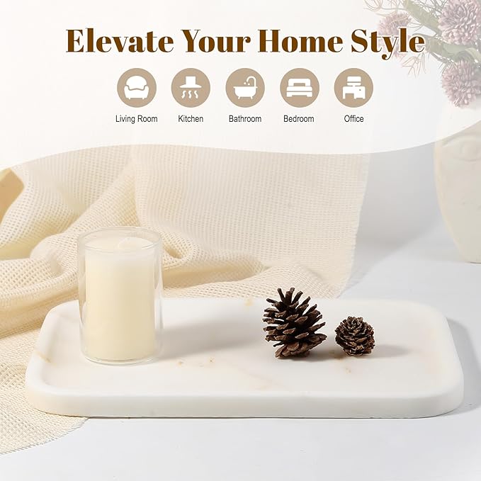 Koville Marble Tray, 12"x8" Marble Vanity Tray for Bathroom Kitchen Countertop, Rectangular Stone Tray for Cosmetics Perfume Trinket, Decorative Catchall Trays (Golden Calacatta)