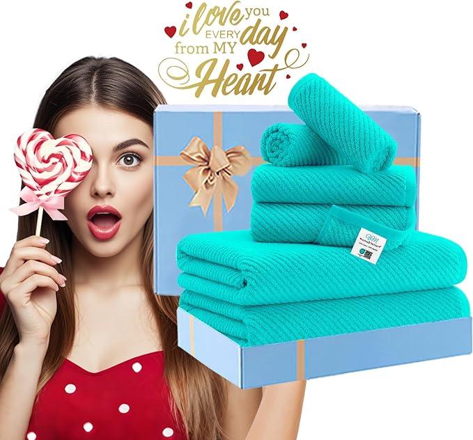 Turquoise Bath Towel with Hanging Loop - 100% Cotton, Soft, Quick Dry, Lightweight, Towel Set of 6, 2 Large Bath 30"x56", 2 Thick Hand 18"x28", 2 Absorb Washcloths 13"x13", Luxury Gift Set