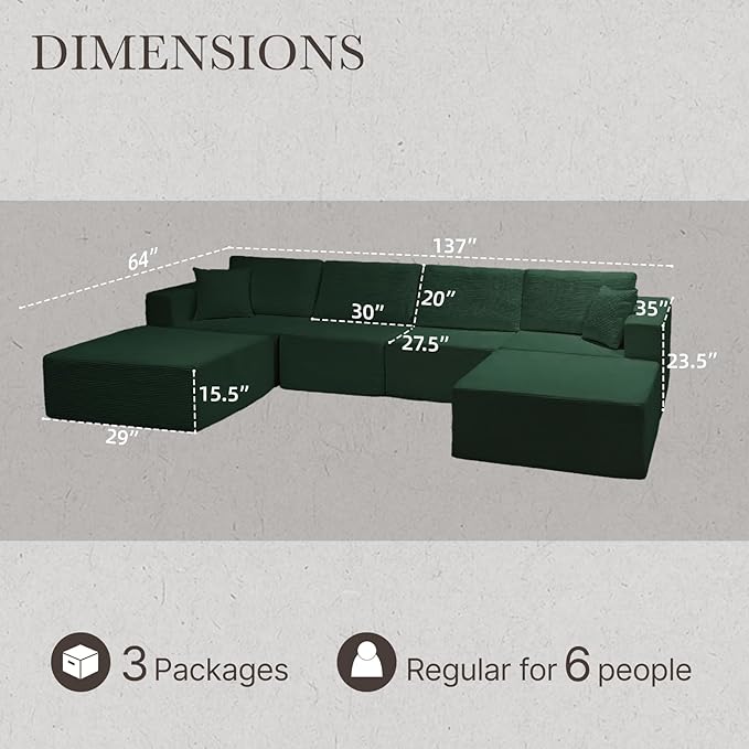 137” Modular Sectional Sofa Couch, 4-Seater U-Shape Sofa with Ottoman, Memory Foam Compressed Sofa, Free Combination Couch for Living Room,No Assembly Needed (Green, 4 Seats+ 2 Ottoman)