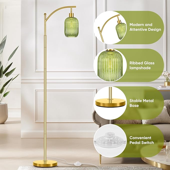 Glass Floor Lamp for Living Room, Modern Green Standing Lamp with Ribbed Glass Lampshade Pedal Switch, 67” Tall Lamp for Bedroom Study Room