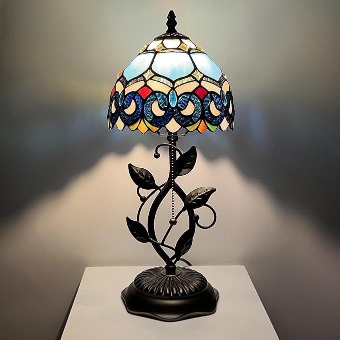 Small Tiffany Lamp Sea Blue Jewelry Baroque Style Stained Glass Table Lamps Desk Bedside Reading Light 8X8X18 Inches with Bronze Metal Leaf Resin Base