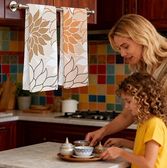 2-Pack Boho Floral Abstract Waffle Towels, Flower Hand Towel for Bathroom Decor, 16x24 Inch Neutral Brown & Orange Color Flower Dish Tea Towel Decor for Kitchen/Bath/SPA,Gift for Friends.