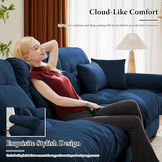 93.7" Loveseat Sofa, 2 Seater Modular Sectional Sofa, Blue Large L Shaped Sectional Couches for Living Room, Fluffy Couch, Love Seat, Velvet Cloud Couch with Ottoman, Deep Seat Sofas for Living Home