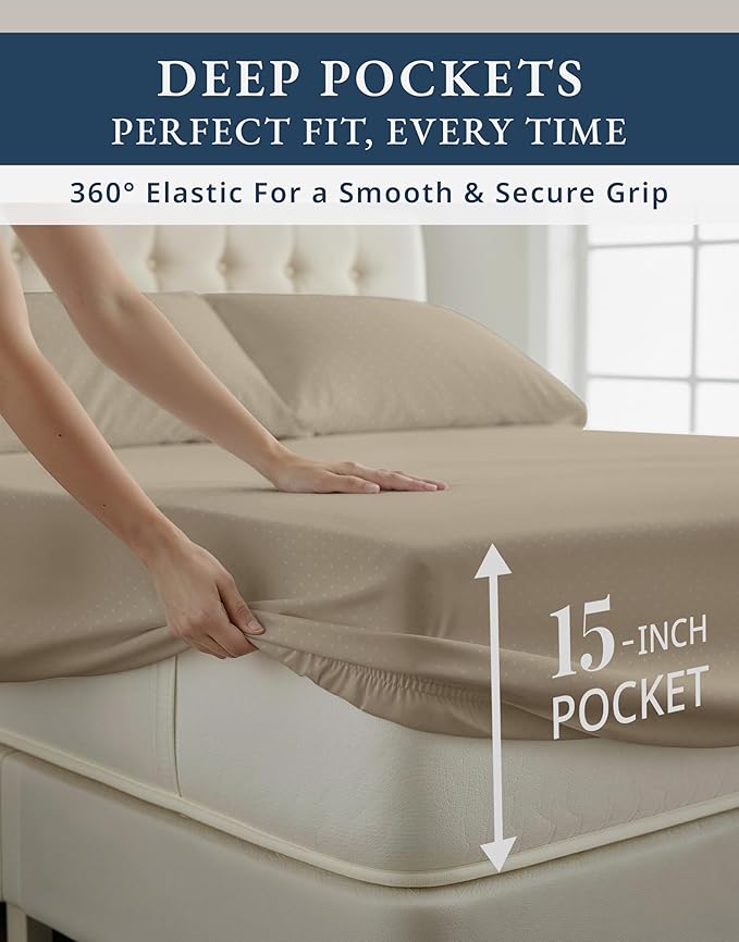 LANE LINEN 100% Egyptian Cotton Bed Sheets - 4PC Full Sheets Set, Long Staple Bedding Sheets, Sateen Weave, Luxury Hotel Sheets, Fits Upto 16" Mattress, Swiss Dot - Taupe